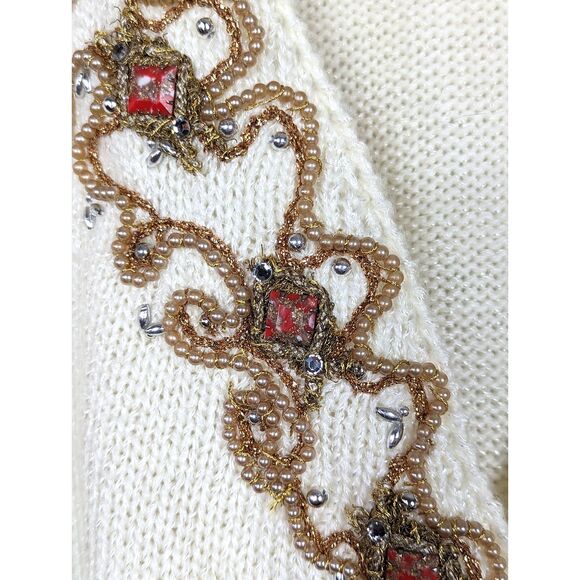 VINTAGE 80's Embellished Statement Maximalist Surplice Sweater Cream *M/L - Picture 4 of 6